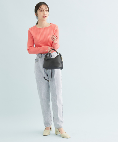 VIS(ビス)の「ボーダー/無地スクエアネック金釦付きリブニット(ニット/セーター・レディース・ホワイト/ネイビー/グリーン/ホワイト系その他/ピンク系その他2・FREE)」の6枚目の写真