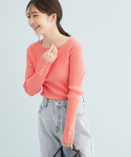 VIS(ビス)の「ボーダー/無地スクエアネック金釦付きリブニット(ニット/セーター・レディース・ホワイト/ネイビー/グリーン/ホワイト系その他/ピンク系その他2・FREE)」の8枚目の写真