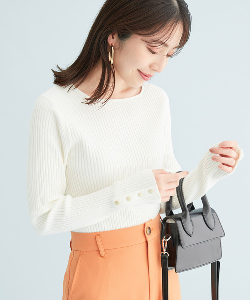 VIS(ビス)の「ボーダー/無地スクエアネック金釦付きリブニット(ニット/セーター・レディース・ホワイト/ネイビー/グリーン/ホワイト系その他/ピンク系その他2・FREE)」の11枚目の写真