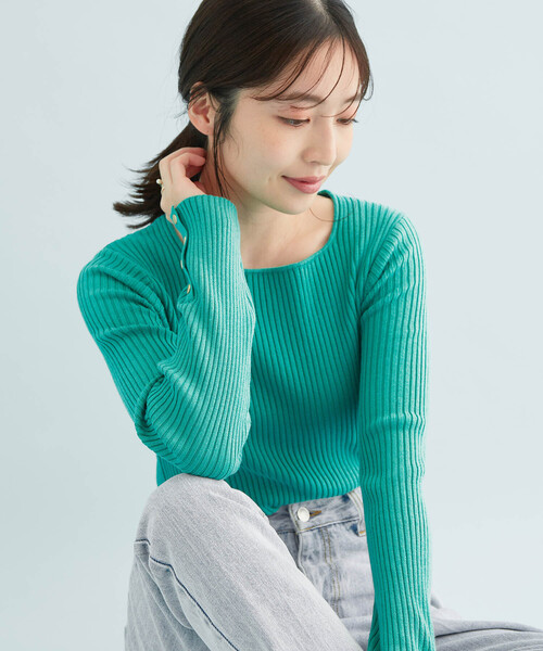 VIS(ビス)の「ボーダー/無地スクエアネック金釦付きリブニット(ニット/セーター・レディース・ホワイト/ネイビー/グリーン/ホワイト系その他/ピンク系その他2・FREE)」の12枚目の写真