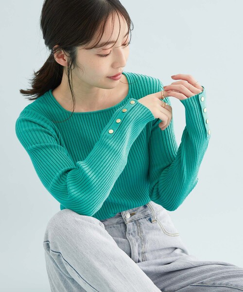 VIS(ビス)の「ボーダー/無地スクエアネック金釦付きリブニット(ニット/セーター・レディース・ホワイト/ネイビー/グリーン/ホワイト系その他/ピンク系その他2・FREE)」の13枚目の写真