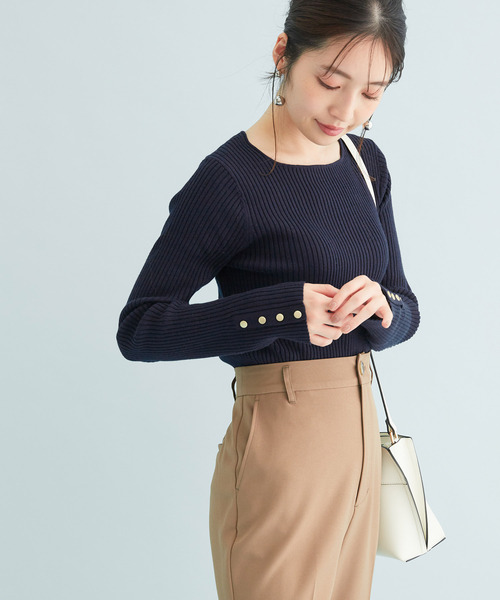 VIS(ビス)の「ボーダー/無地スクエアネック金釦付きリブニット(ニット/セーター・レディース・ホワイト/ネイビー/グリーン/ホワイト系その他/ピンク系その他2・FREE)」の16枚目の写真