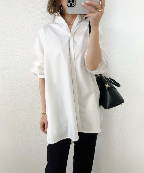 Re:EDIT（リエディ）の「[神山まりあさん着用]オーバーサイズシャツチュニック（シャツ/ブラウス・レディース・ブラック/ブルー/ホワイト/ストライプ・SMALL/MEDIUM/LARGE）」の8枚目の写真