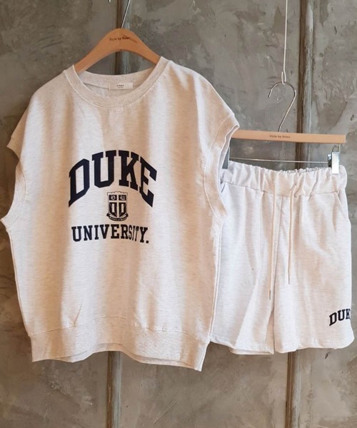 韓国ファッションDUKEロゴノースリ上下スウェットセットアップルーム