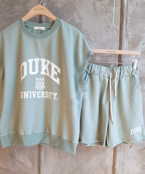 韓国ファッションDUKEロゴノースリ上下スウェットセットアップルーム