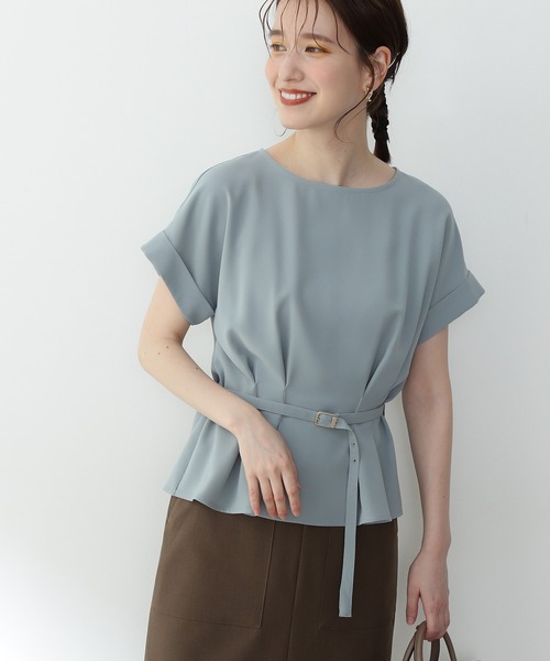 【追加生産】◆ボートネックペプラム半袖ブラウス
