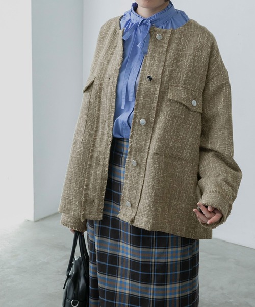 BONLECILL（ボンルシール）の「ツイードフリンジノーカラージャケット（ノーカラージャケット・レディース・ブラック/ベージュ/ネイビー/ピンク・FREE）」の9枚目の写真