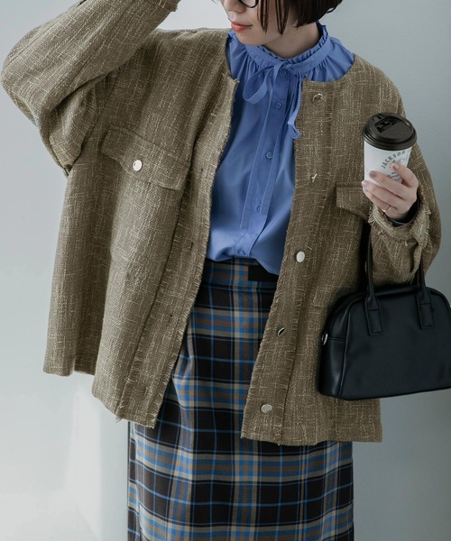 BONLECILL（ボンルシール）の「ツイードフリンジノーカラー