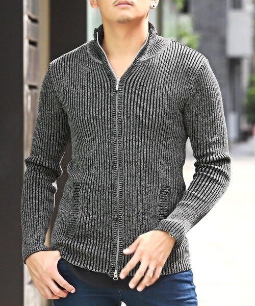 LUXSTYLE(ラグスタイル)の「二重臼リブ編みZIPニットブルゾン(ニット/セーター・メンズ・ブラック/ブラック系その他/杢グレー/ホワイト・L/XL/M)」の4枚目の写真