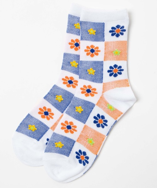 WEGO(ウィゴー)の「WEGO/レトロフラワークルーソックス(ソックス/靴下・レディース・ホワイト/グリーン/パープル・23-25cm)」の8枚目の写真