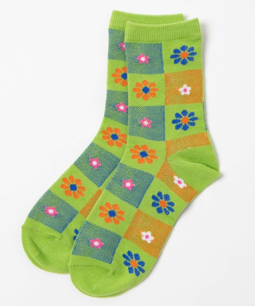 WEGO(ウィゴー)の「WEGO/レトロフラワークルーソックス(ソックス/靴下・レディース・ホワイト/グリーン/パープル・23-25cm)」の9枚目の写真