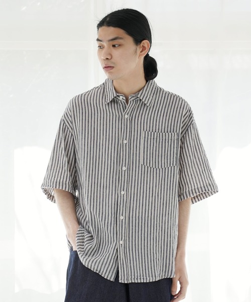 Air Tokyo（エアートウキョー）の「オーバーサイズ ハーフスリーブ ストライプ レギュラーカラー シャツ（シャツ/ブラウス・メンズ・ホワイト×ブルー/ホワイト×ブラック・MEDIUM/LARGE）」の16枚目の写真