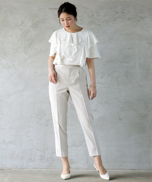 WHITE JOOLA（ホワイトジョーラ）の「【洗濯機で洗える♪】リネンライク・麻調メランジ・センタープレス入りテーパードパンツ（その他パンツ・レディース・モカ/ベージュ/ネイビー・S/M/L）」の5枚目の写真