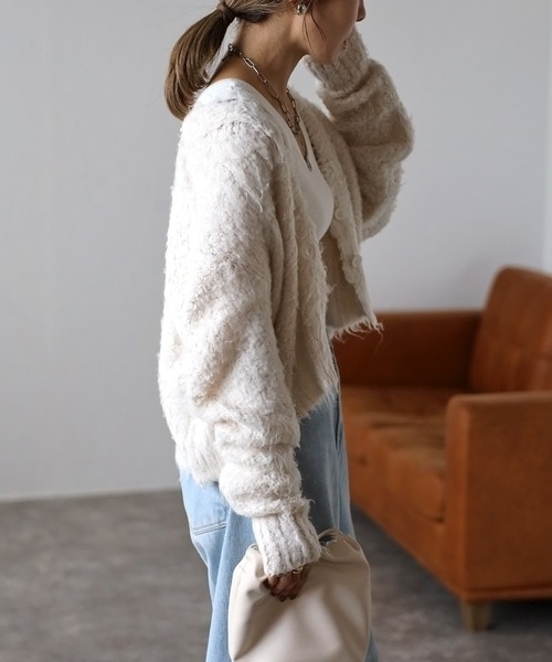 セール】起毛ディープVクロップドニットカーディガン（カーディガン