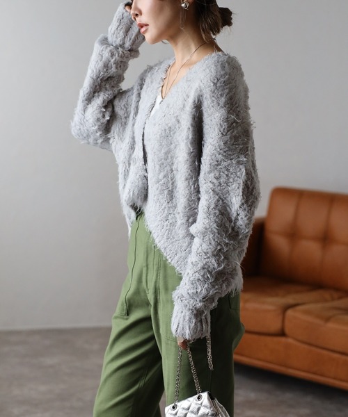 セール】起毛ディープVクロップドニットカーディガン（カーディガン