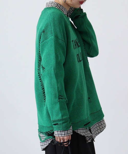 MODISH GAZE(モディシュガゼ)の「MODISH GAZE フロントロゴダメージ加工ニット(ニット/セーター・メンズ・ブラック/グリーン・L/M)」の9枚目の写真