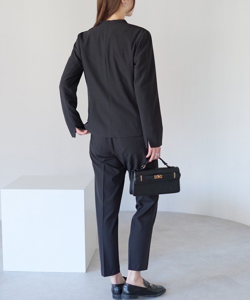 セール】《洗える》2点パンツスーツセット(ノーカラージャケット+