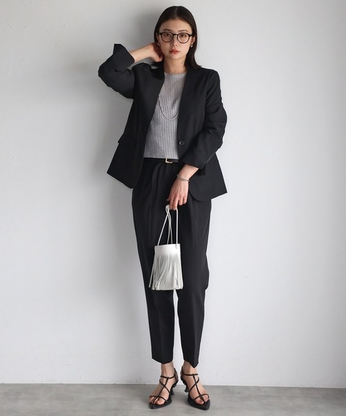 セール】《洗える》2点パンツスーツセット(ノーカラージャケット+