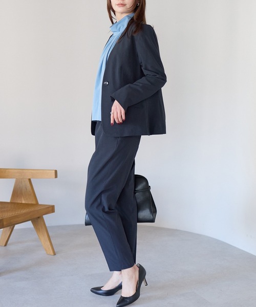 セール】《洗える》2点パンツスーツセット(ノーカラージャケット+