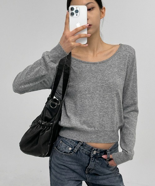 BLACKUP（ブラックアップ）の「[MADE] クシュムコットンセミクロップUネックニット（ニット/セーター・レディース・ピンク/グレー/アイボリー/ブラック・FREE）」の4枚目の写真