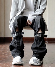 【FVLMEN】vintage wash belt design wide denim/ビンテージウォッシュ ベルト デザイン ワイド デニム