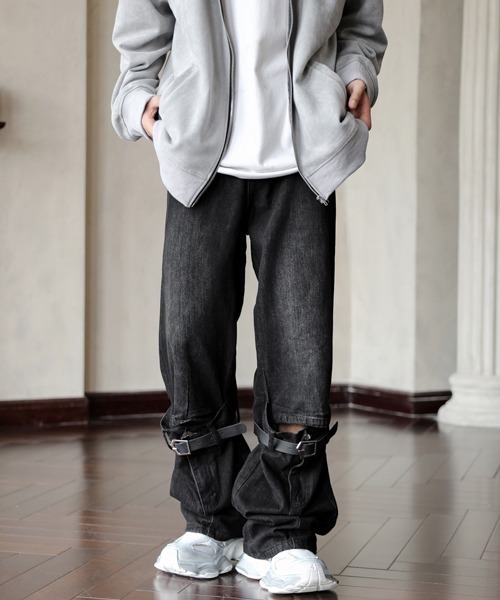 セール】【FVLMEN】vintage wash belt design wide denim/ビンテージ