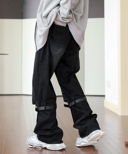 セール】【FVLMEN】vintage wash belt design wide denim/ビンテージ