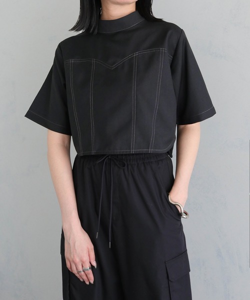 &g'aime(アンジェム)の「【&g’aime】ビスチェステッチショートブラウス(シャツ/ブラウス・レディース・ブラック/チャコールグレー・FREE)」の4枚目の写真