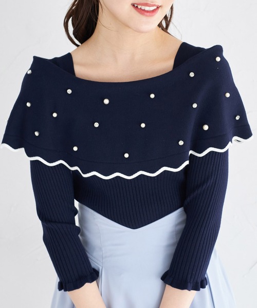 tocco closet(トッコ クローゼット)の「パールビジュー付き配色オフショルニットプルオーバー(ニット/セーター・レディース・ブラック/ネイビー/オフホワイト・M)」の3枚目の写真