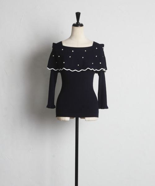 tocco closet(トッコ クローゼット)の「パールビジュー付き配色オフショルニットプルオーバー(ニット/セーター・レディース・ブラック/ネイビー/オフホワイト・M)」の14枚目の写真