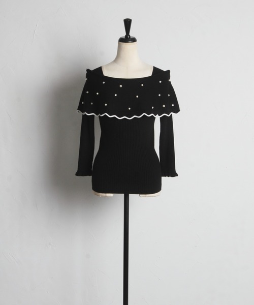 tocco closet(トッコ クローゼット)の「パールビジュー付き配色オフショルニットプルオーバー(ニット/セーター・レディース・ブラック/ネイビー/オフホワイト・M)」の15枚目の写真