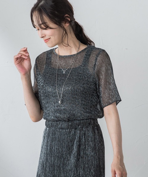 LAUTREAMONT(ロートレアモン)の「【一部店舗&WEB限定】ラメシアープリーツ半袖カットソー(Tシャツ/カットソー・レディース・ブラウン/オフホワイト/ブラック・9号)」の3枚目の写真