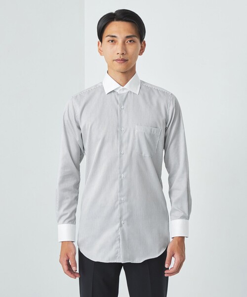 green label relaxing（グリーンレーベルリラクシング）の「コットン ストライプ クレリック ショートワイド ドレスシャツ -イージーアイロン-（ビジネスシャツ・メンズ・ブラック・42cm/38cm/39cm/37cm/41cm/43cm/40cm）」の10枚目の写真