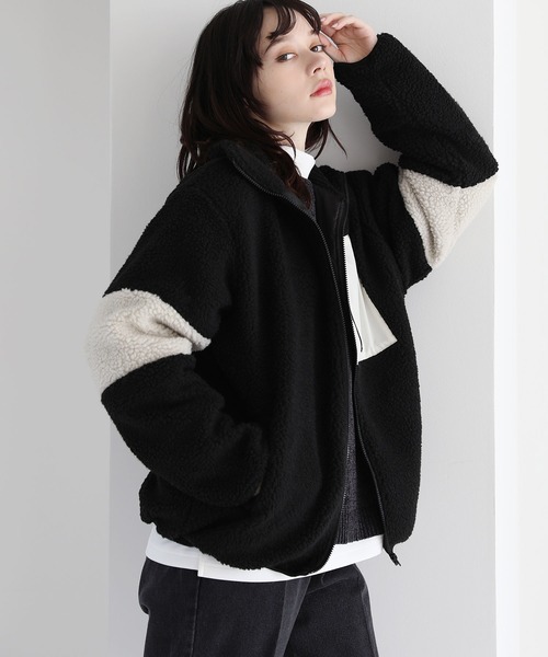 23AW】ビッグシルエットシープボア袖ラインスタンドネックジャケット