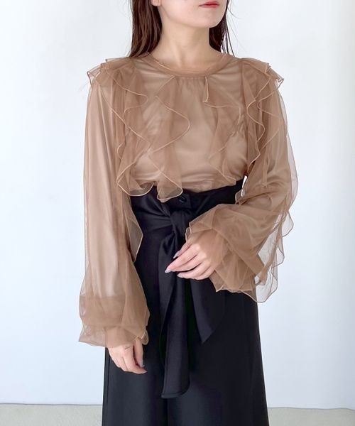 mysty woman（ミスティウーマン）の「チュールフリルブラウス　149256（シャツ/ブラウス・レディース・ベージュ/ブラック/オフホワイト・FREE）」の10枚目の写真