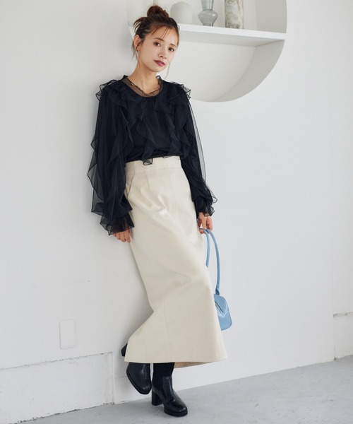 mysty woman（ミスティウーマン）の「チュールフリルブラウス　149256（シャツ/ブラウス・レディース・ベージュ/ブラック/オフホワイト・FREE）」の6枚目の写真