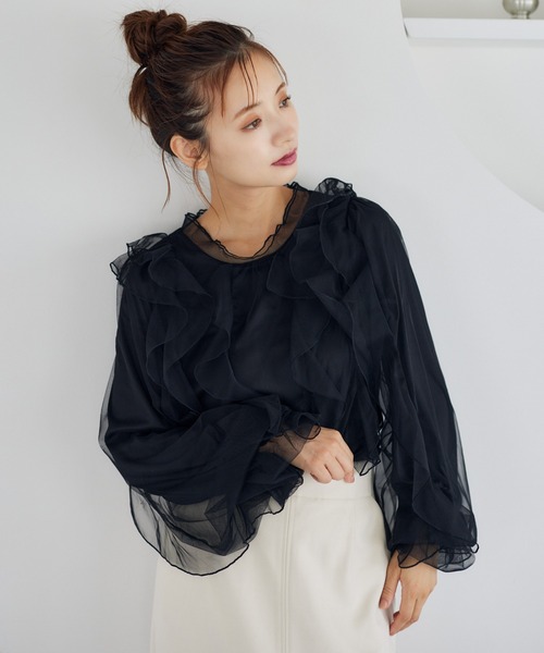 mysty woman（ミスティウーマン）の「チュールフリルブラウス　149256（シャツ/ブラウス・レディース・ベージュ/ブラック/オフホワイト・FREE）」の7枚目の写真