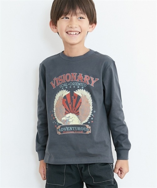 QUNTSTYLE(キュントスタイル)の「長袖 プリント Tシャツ <綿100%>(Tシャツ/カットソー・キッズ・オフホワイト/ブラック/ミント/パープル/ベージュ/ラベンダー/グレイッシュブルー/サーモンピンク/テラコッタ/ネイビー系/ブラック系/ネイビー系1/ピンク系/チャコールグレー/イエロー/グリーン/カーキ/ライム/グレー/クリーム/グレイッシュベージュ/バイオレット/パープル系2/パープル系1/オレンジ系/グリーン系/イエロー系/ピンク系1・110/120/130/140/150/160/100/170)」の5枚目の写真