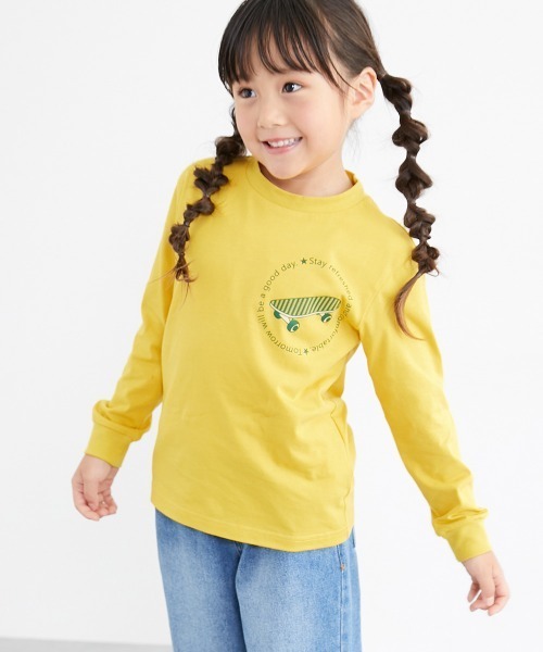 QUNTSTYLE(キュントスタイル)の「長袖 プリント Tシャツ <綿100%>(Tシャツ/カットソー・キッズ・オフホワイト/ブラック/ミント/パープル/ベージュ/ラベンダー/グレイッシュブルー/サーモンピンク/テラコッタ/ネイビー系/ブラック系/ネイビー系1/ピンク系/チャコールグレー/イエロー/グリーン/カーキ/ライム/グレー/クリーム/グレイッシュベージュ/バイオレット/パープル系2/パープル系1/オレンジ系/グリーン系/イエロー系/ピンク系1・110/120/130/140/150/160/100/170)」の1枚目の写真