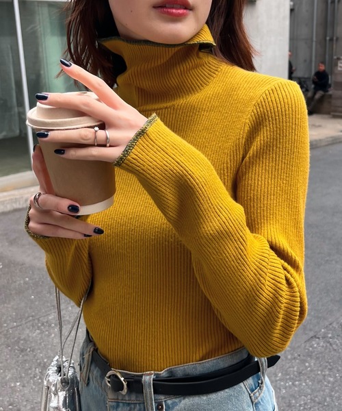 CIAOPANIC TYPY(チャオパニックティピー)の「【新色追加】アンチピリング配色ステッチタートル(ニット/セーター・レディース・レッド/ピンク/ブラウン/ライトグレー/サックスブルー/カーキ/ブラック/マスタード/ネイビー/ブルー/グレー/オフホワイト/ブラウン系その他/スカイブルー/グリーン/パープル/イエロー・ONE SIZE)」の15枚目の写真