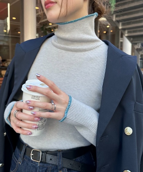 CIAOPANIC TYPY(チャオパニックティピー)の「【新色追加】アンチピリング配色ステッチタートル(ニット/セーター・レディース・レッド/ピンク/ブラウン/ライトグレー/サックスブルー/カーキ/ブラック/マスタード/ネイビー/ブルー/グレー/オフホワイト/ブラウン系その他/スカイブルー/グリーン/パープル/イエロー・ONE SIZE)」の21枚目の写真