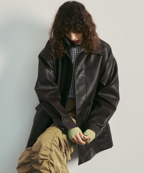uyu.（ウユ）の「Waist Drawstring Over Leather Jacket / ウエスト