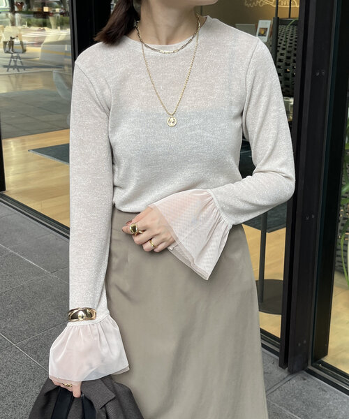 DouDou(ドゥドゥ)の「【WEB限定】チュール切替ラメプルオーバー(Tシャツ/カットソー・レディース・グレイッシュベージュ/グレー・FREE)」の20枚目の写真