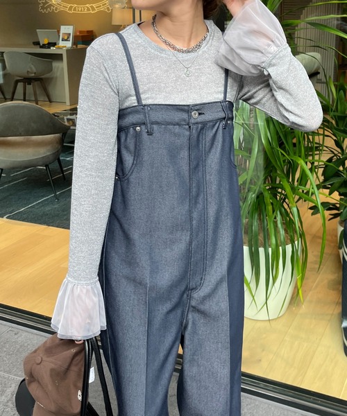 DouDou(ドゥドゥ)の「【WEB限定】チュール切替ラメプルオーバー(Tシャツ/カットソー・レディース・グレイッシュベージュ/グレー・FREE)」の1枚目の写真