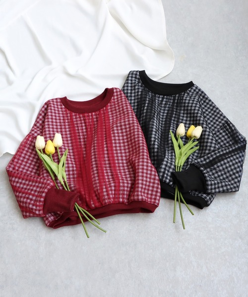 Katie Closet ギンガムチェック総柄刺繍キャミ半袖トップス