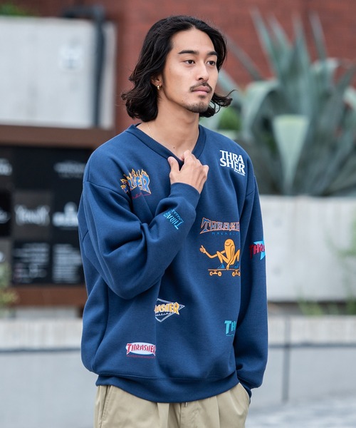 THRASHER（スラッシャー）の「『THRASHER/スラッシャー』総柄プリント＆刺繍C/N長袖 トレーナー （スウェット・レディース・グリーン/ブラック/ネイビー/ホワイト・L/M）」の21枚目の写真
