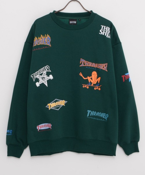 【気質アップ】 セール】『THRASHER/スラッシャー』総柄プリント＆刺繍C/N長袖 トップス