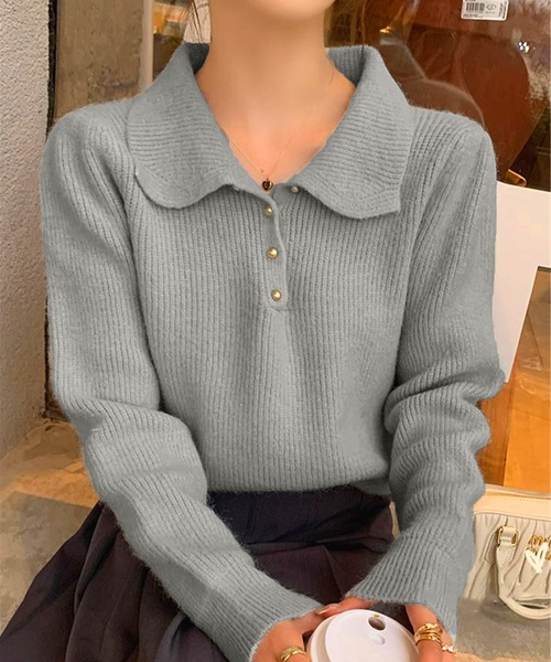 IRADOWL（アイラドール）の「ゴールドぷっくり丸ボタンリブニットセーター（ニット/セーター・レディース・ブラック/キャメル/アイボリー/レッド/グレー・FREE）」の3枚目の写真