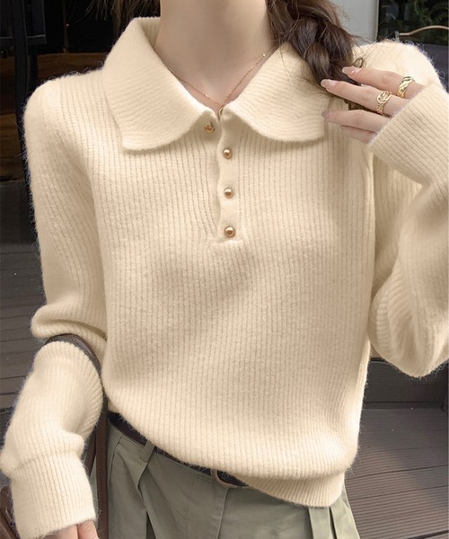 Paloma wool ベージュ ボタン付き 長袖ニットセーター ゴールドぷっくり丸ボタンリブニットセーター（ニット/セーター
