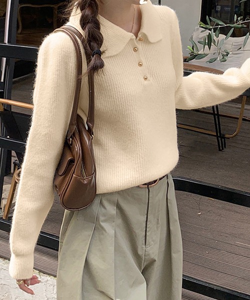 ゴールドぷっくり丸ボタンリブニットセーター（ニット/セーター